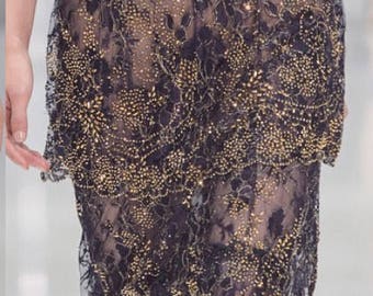 Exquisite Black and Green Sequined and Beaded Chantilly Lace Fabric-- 3.2 yards