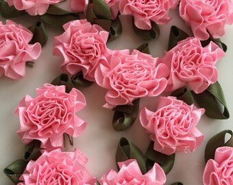Pink Ribbon Flowers Carnations, 25mm Set of 20 Handmade