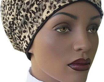 Animal Beige Black Lace Huggee Locs™ Beanie Cap Hat Tam Lined Jersey Knit Slouchy Hat Rasta Rastafari Dreadie Handmade