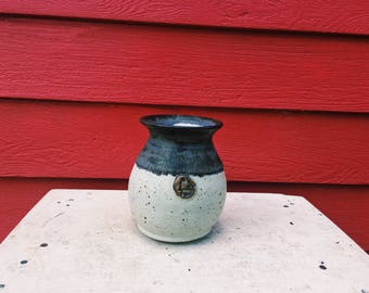 Cobalt-Blue-Topped White Stoneware Vase w/ Trees