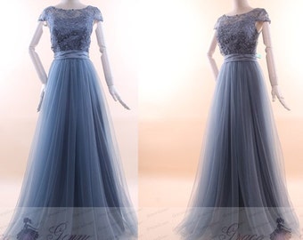 Bridesmaid Dress Dusty Blue Tulle Wedding Dress With Sash,Cap Sleeve A Line Prom Dress,Illusion Neckline Sweetheart Evening Gown Party Dress