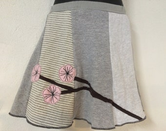 T-Skirt | upcycled, recycled gray t-shirt skirt with cherry blossom appliqué + pocket