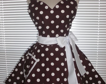 Brown Fifties Style Sweetheart Retro Apron Polka Dot Circular Flirty Skirt
