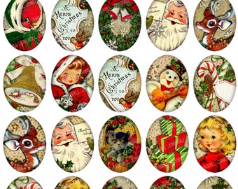 PIF Holiday Sale - RETRO HOLIDAY - Digital Printable Collage Sheet - Vintage Christmas Santa, Rudolph, Snowmen & Angels, 18 x 25 mm Ovals