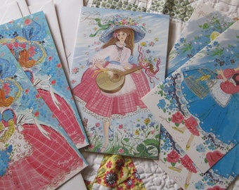 Six Adorable Vintage Thinking of You Greeting Cards with Retro Girls Unused with Envelopes