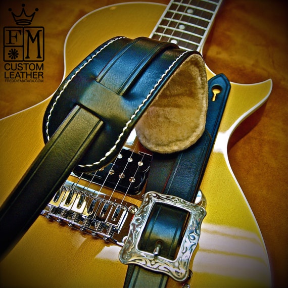 Black Skinny Leather guitar strap Black bridle leather- Plush Shearling adjustable shoulder pad Hand Made for You in USA