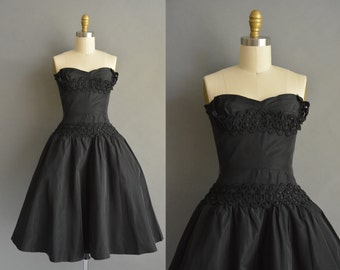 1950s vintage small black dress 50s vintage party dress full skirt 1950s dress