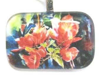Bougainvilleas glass tile Pendant necklace, watercolor print Art unique gift red flower Handmade