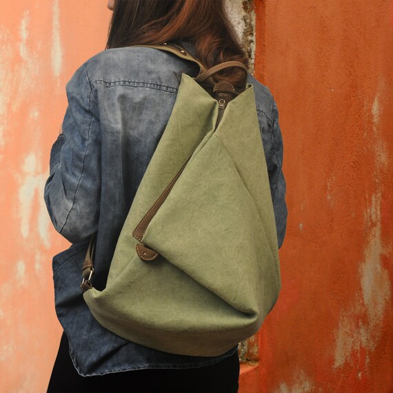 Handmade Canvas backpack made in stonewashed light vegetable