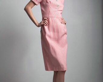 unworn NOS vintage 50s cotton shirt dress red white candy striper striped SMALL S