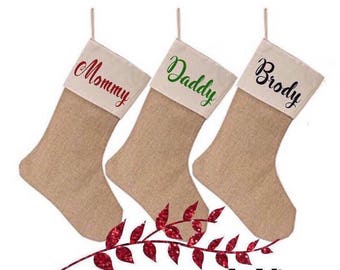 Personalized stockings. Personalized christmas stockings. Christmas stockings. Personalized family stockings. Family stockings. Burlap.