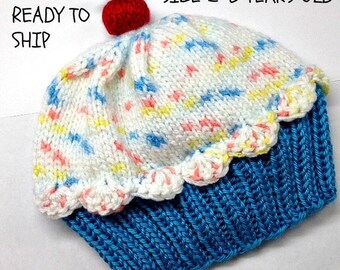 Cupcake Hat Child - Cherry on Top Blue Raspberry Cake with White Sprinkle Frosting 2 3 4 5 6 years old READY TO SHIP