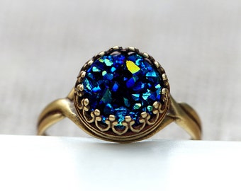 Crown ring with deep blue faux Druzy