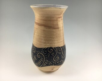 Pottery Flower Vase, Sgraffito Vase, Stoneware Vase, Pottery Vase, Purple, Black, Blue