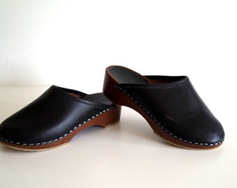 Wood clogs Boho shoes Vintage wooden clogs Eur34 Swedish Rustic girls shoes Open Back Clogs Black shoes Scandinavian Platform Clogs Sandals