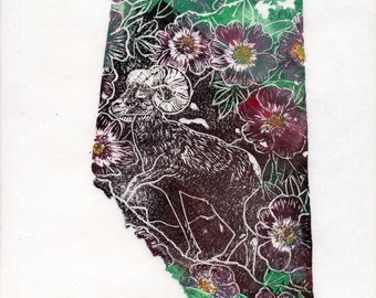 Alberta, Big Horn Sheep and Wild Rose Linocut - Canadian Provinces & Territories Map and Symbols Print Collection - Alberta