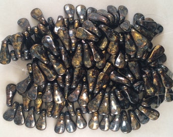 Duck Bill Beads, 9x18mm, Jet-Bronze Picasso, 313-918-BT2398, 25 Beads, Czech Glass