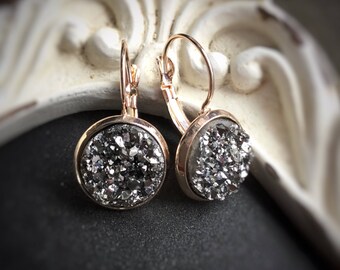 Rose Gold Druzy Earrings, Gunmetal grey sparkle, sold per pair (leave qty as 1)