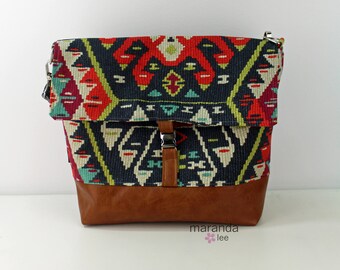 Lulu Large Flap Messenger Satchel - Fiesta and PU Leather READY to SHIP Travel Business Nappy Bag Stroller Attachment