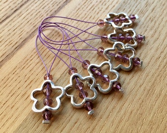 Knitting Stitch Markers, Snag Free Stitch Markers Set of 6, Purple Crystal, Flower Charm, Knitting Tools, Gift for Knitters, Yarn Lover