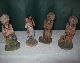 Lot of Vintage Native American Resin Figurines~3 Chiefs in Full Headdress & 1 Squaw Carrying Basket~Highly Detailed~