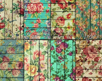 Wood floral digital paper, floral wood backgrounds, victorian roses paper, floral download, digital wood paper, vintage paper DMP008