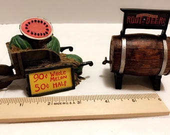 Dollhouse furniture miniature vintage resin watermelon cart and root beer barrel