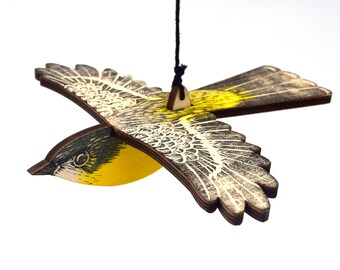 Eastern Yellow Robin Mobile, Hand Printed Wooden Lino Printed Hanging Bird, Australian Native Bird,