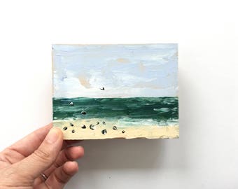 Beach Landscape ~ Acrylic Painting Original Art on Wood Block Shelf Sitter