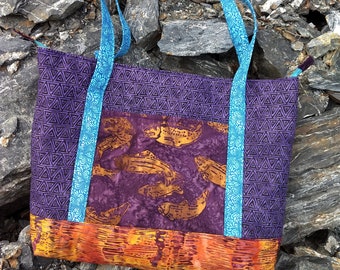 Orange salmon tote bag, purple tote bag, purple and orange tote bag, salmon bag, purple bag, salmon themed bag, Alaskan themed tote bag