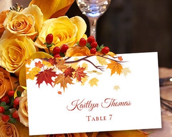 10 Flat Printable Place Card "Falling Leaves" Wedding or Thanksgiving Edit Word.doc Avery Card Stock Compatible Instant Download DIY U Print