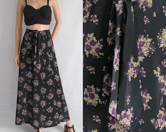 Long floral black skirt, black & purple, french vintage retro, waist tie, maxi skirt, small