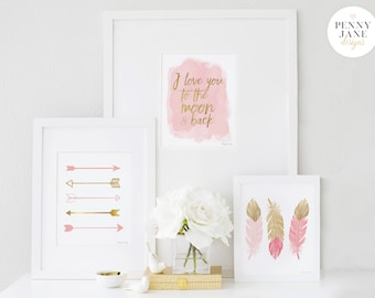 I Love You to The Moon and Back Nursery Decor, Nursery Wall Art, Printable Art Print, Baby Shower Gift, Nursery Sign, Pink and Gold Decor
