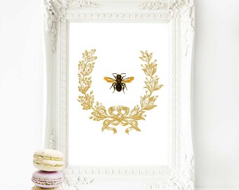 Bee in a gold acorn wreath, French art print, vintage home decor, A4 giclee