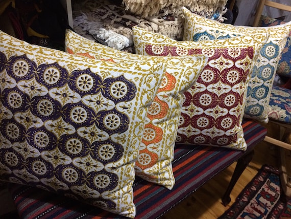 Decorative modern block printed pillow , traditional design in four colours , quality handprinted Cushion, Cotton and linen pillow, pillow