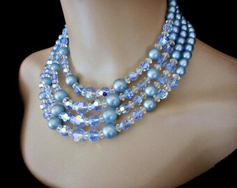 Vintage Multi 4 Strand Blue Crystal Bead Bib Necklace