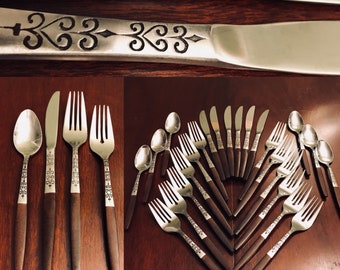 Danish Modern flatware Set, service for 6, Interpur flatware, Canoe Muffin design, embellished metal shaft, Faux Wood handle, Gift for Her