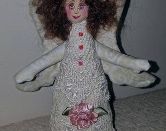 Sweet fiber sculpted Victorian Angel, silk face, lace trim