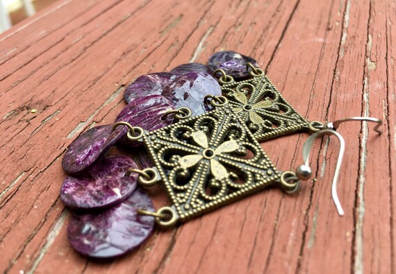 Purple "Simply Chandelier" Mussel Shell Earrings