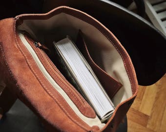 HandMade LEATHER BACKPACK with lining / Cognac Brown Citi Backpack / Handcrafted leather Rucksack with two front pockets