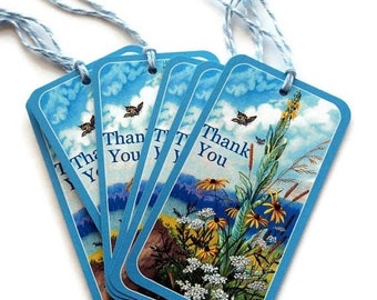 ON SALE 6 Blue Daisies Gift Tags, Blue White Yellow Green Hang Tags, Handmade Party Favor Tags, Takuniquedesigns