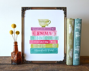 Jane Austen Book Stack Spines Illustration | 8x10 Hand Lettered and Illustrated Book Quote Art Print | Pride and Prejudice | Emma