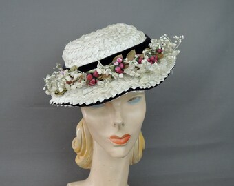 Vintage 1940s Floral Straw Hat, Tilt Hat White with Black Velvet