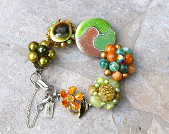 Reclaimed Vintage Bracelet, Bridesmaid Gift, Vintage Earring Bracelet, Cluster Earrings, Enamel Flower, Upcycled, Jennifer Jones - Olivia