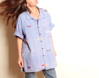 SOUTHWEST 90s bright SLOUCHY ikat style blue pattern short sleeve women's shirt
