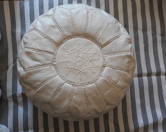 Handmade Moroccan Pouf White, Genuine Leather Ottoman Footstool, White Color (Unstuffed)