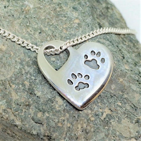 Double Paw Print Necklace Silver Heart Pendant from Actual