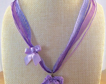 Ladies necklace, Ribbon Necklace, Lace jewellery, Romantic necklace, Jewellery, lilac rose, Crochet necklace, Gift for her, Romance, OOAK
