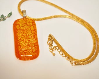 Tangerine Orange, Gold, Fused Glass Dichroic Pendant Necklace