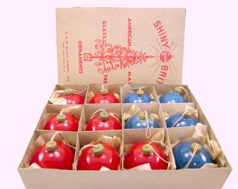 War Era Unsilvered Paper Cap Shiny Brite Christmas Holiday Ornaments Boxed Set of 12 Red And Blue